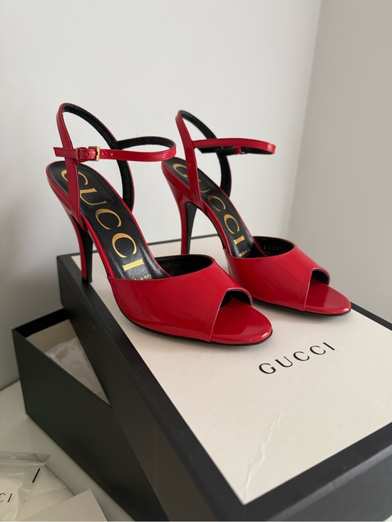 Gucci Red Patent Leather Open-Toe Slingback Heels with Gold Logo Insole